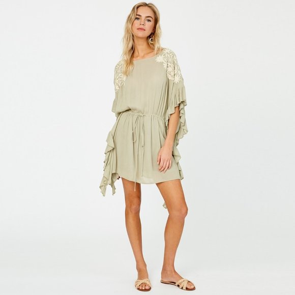 Floral Embroidered Cascading Ruffle Caftan Dress • NWT • Round Neck • Lined - Picture 2 of 7